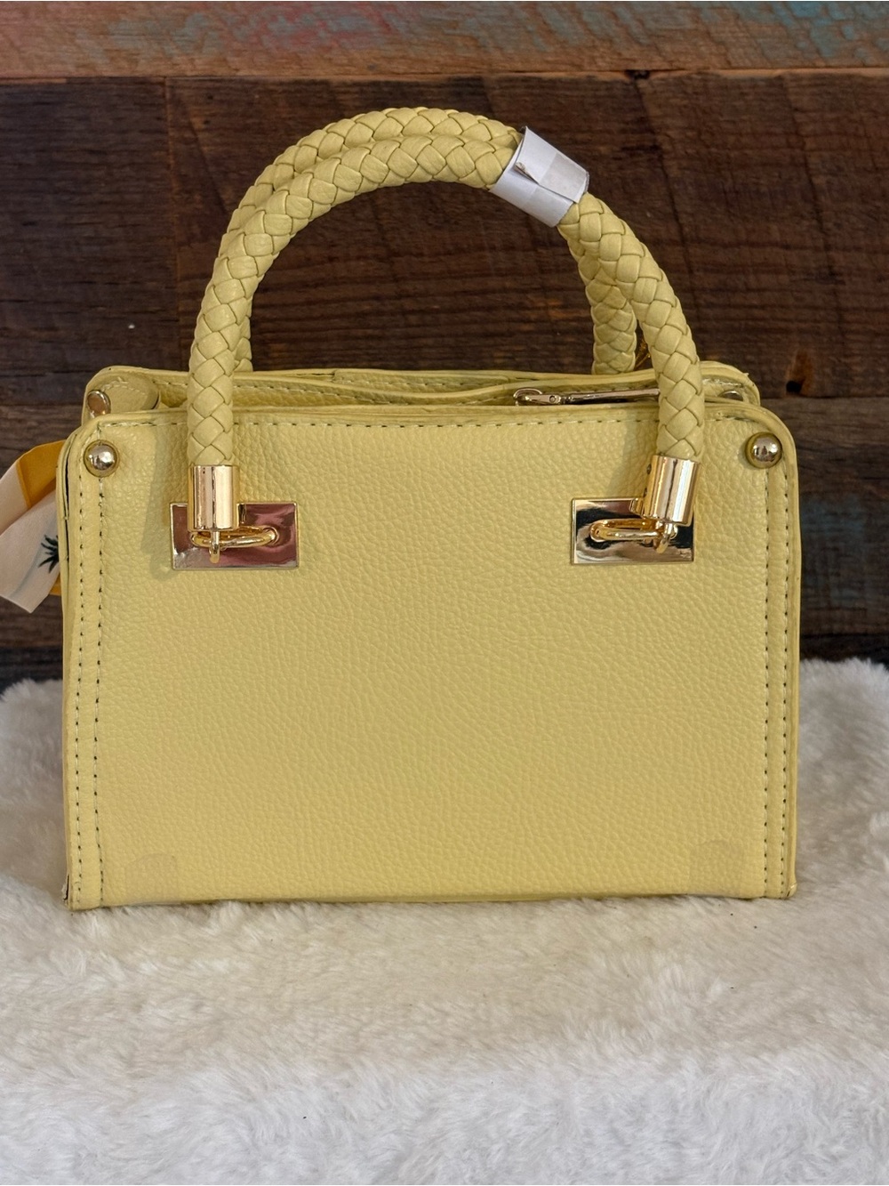 bebe Lemon Yellow Embossed Top-Handle Satchel with Pineapple Charm - Picture 3 of 7